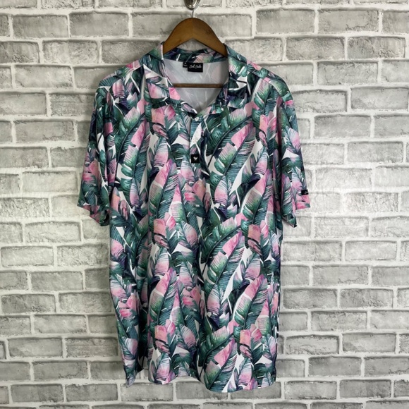 Bad Birdie Pink & Green Tropical Hawaiian Performance Golf Polo Shirt Mens XL - Picture 2 of 7